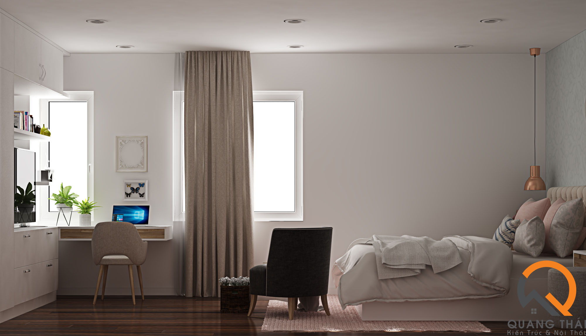 Nội thất phòng ngủ hiện đại, sang trọng, với tông màu trắng nhẹ nhàng thuần khiết.